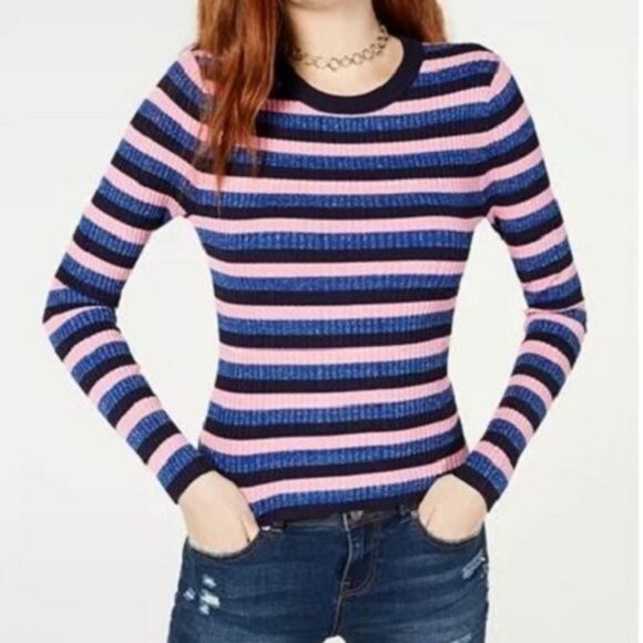 hooked up pink sweater  blue stripe long sleeve ribbed top size S - Picture 2 of 8